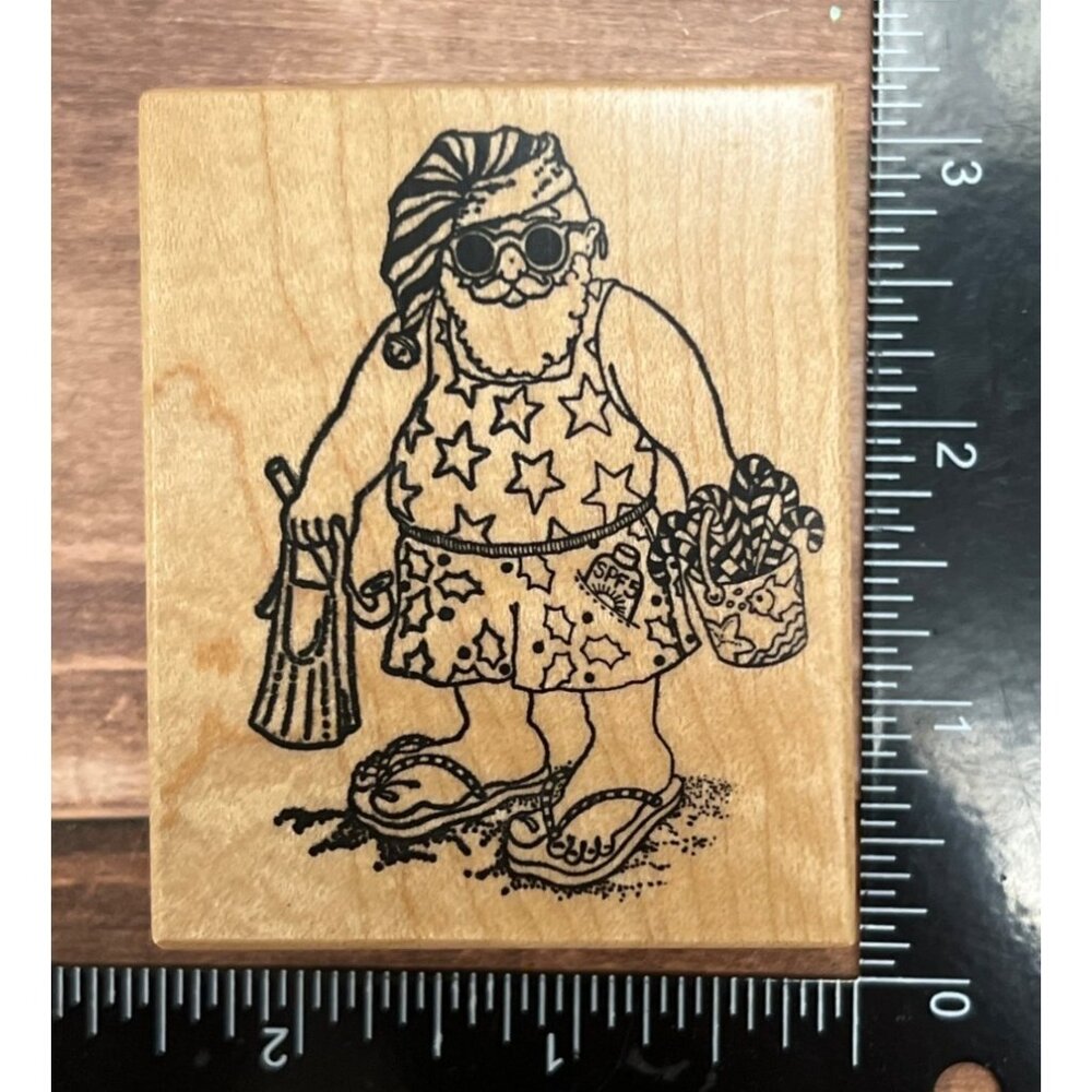 PSX F-296 Wood Mounted Rubber Stamp Beach Santa Summer Vibes Made In USA